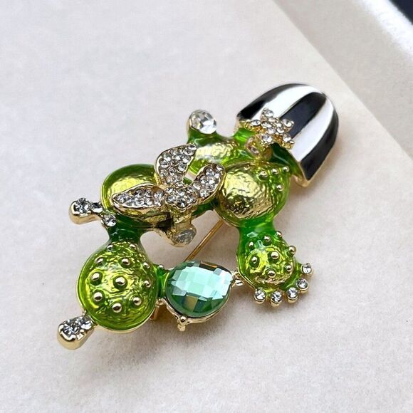 Yellow Gold with Emerald and Diamond Potted Cactus Plant Enamel Pin Back Brooch - Picture 5 of 9